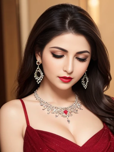 Lebanese lady, diamond dangling earrings, necklace, bracelets, small breasts, 40 years old, smokey eyes, cleavages, date dress, red lips, embarrassed, sad, eyes closed, feminine purse, heavy makeup,