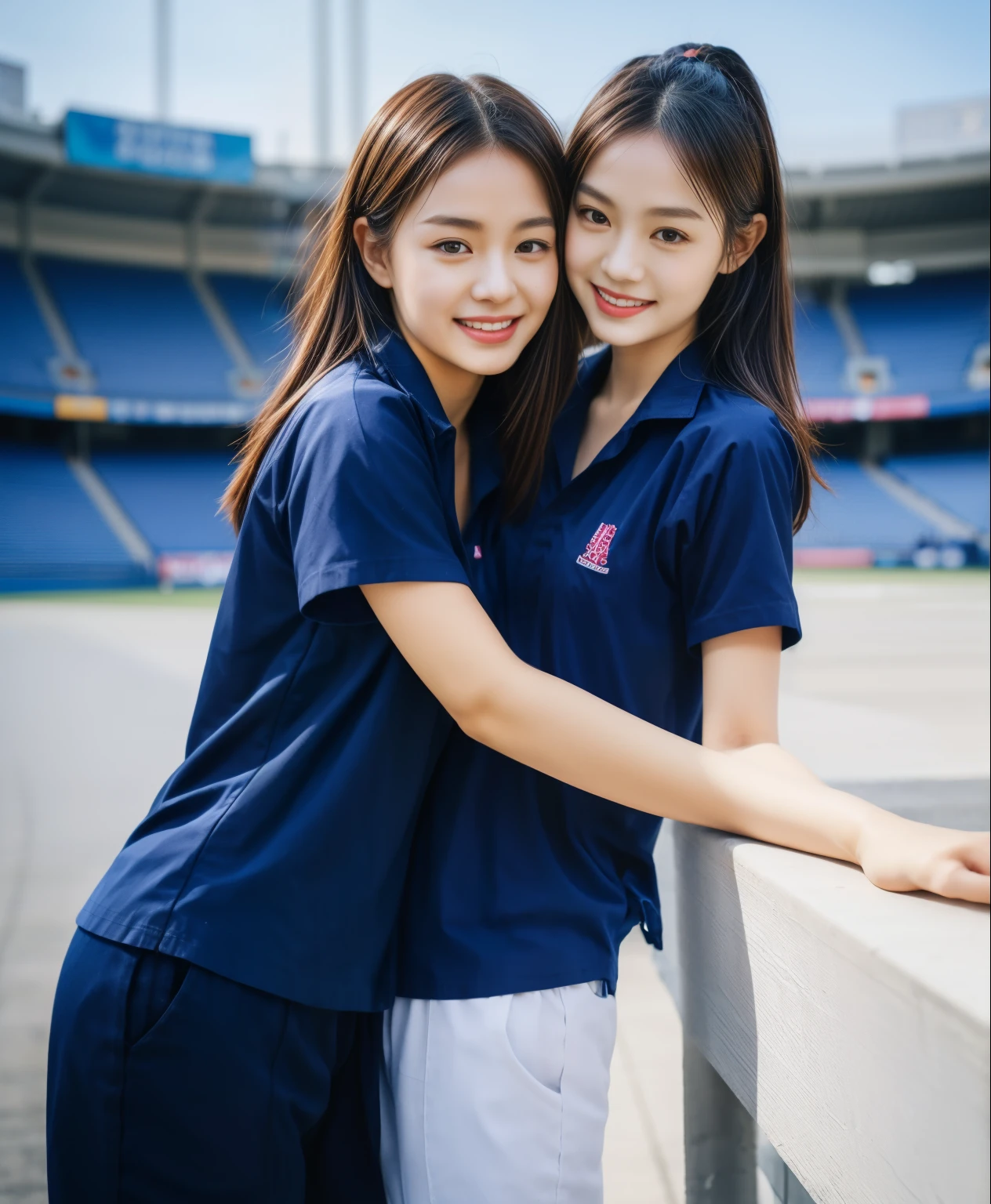 (bestquality,10,10,highres,masterpiece:1.2),ultra-detail,(Realistic,ภาพRealistic,photo-realistic:1.37),1 Cute girl in the football field,oily shiny skin,bara,light smile,BDclothelue shirt:1.3)),short sleeves,shirt, trousers.,(navy_long_ติดตามtrousers:1.1), ((Stadium Background:1.3)),dynamic angle,excited,face focus,Dynamic Poses,from behide,Ass Focus,masterpiece, bestquality, ultra realistic, hyper-detail, 8k resolution, RAW photo, crisp focus, ((Navy blue shirt:1.1)), short sleeves, เส้นทางlong, Complete bodyแบบ, 2 mature women, 18yo, cinematic light,trousersวอร์มสีน้ําเงิน,Gymware,Correct anatomy,Complete body, Correct body, sharp face, Correct bodyทางกายวิภาค, full entire body, Realistic gestures, long-haired, Realistic poses,Wear long shorts...........................................,ช่วงขาlong,Shapely,Sculpting Girl, Slender Figure, mannequin mannequins, Shapely, Beautiful body,trousersวอร์มสีน้ําเงิน, Two girls kissing