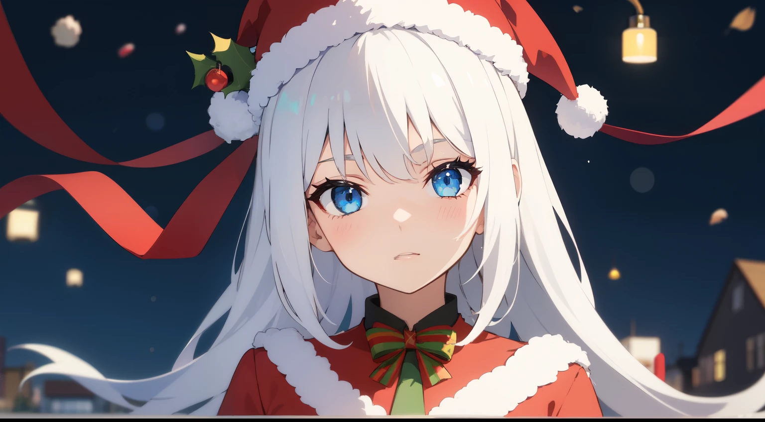 A girl dressed in a Christmas costume, white hair, blue eyes, 2D anime