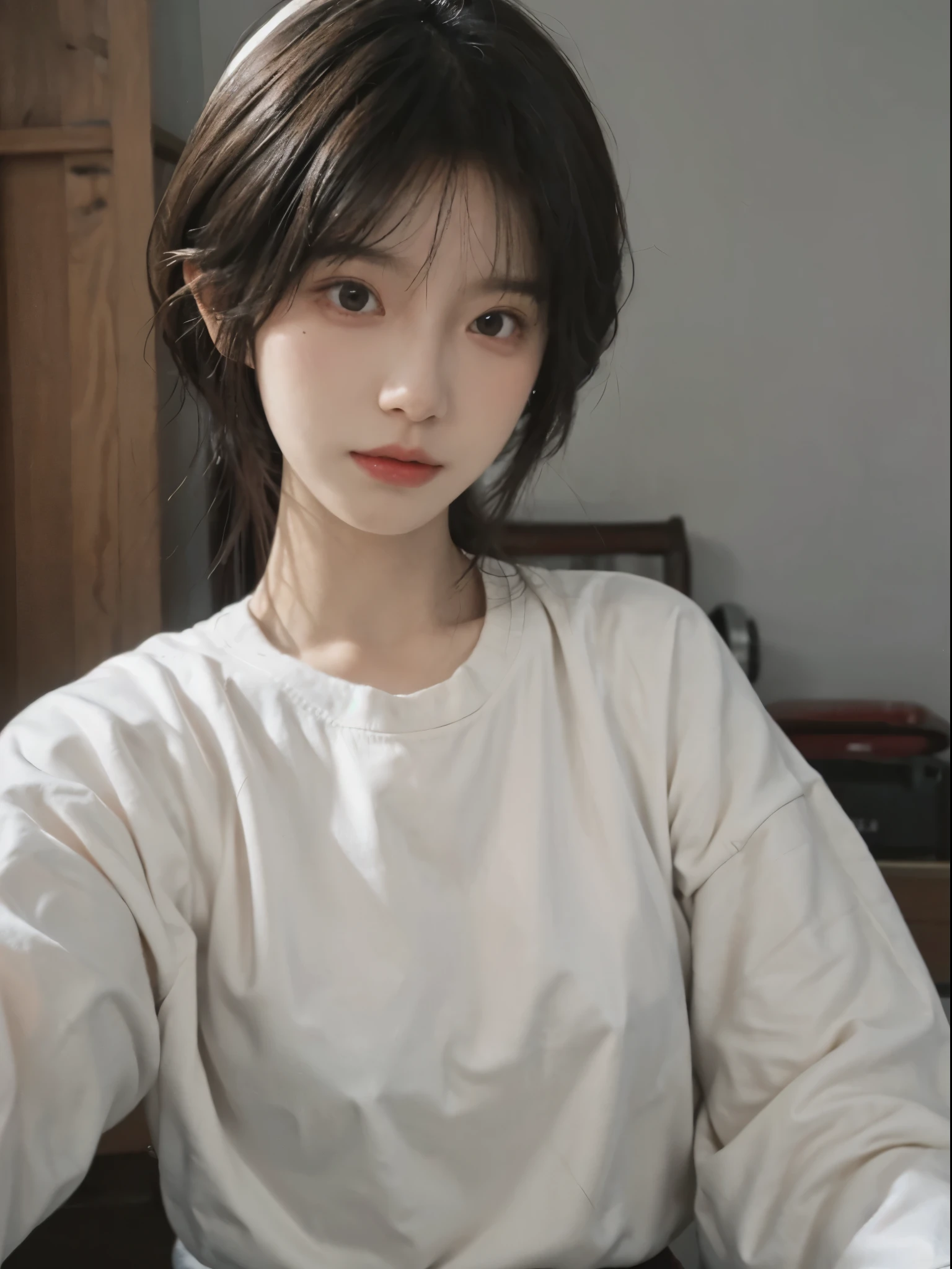 Best quality, 超高分辨率, (realistically:1.4),There is a woman wearing a sweater and a white shirt, 年轻Cute Korean face, 有着Cute and delicate face蛋, a cute young woman, she has a cute face, Cute Korean face, pale milky white porcelain skin, Cute and delicate face, ulzzangs,, Baiji haircut hairstyle