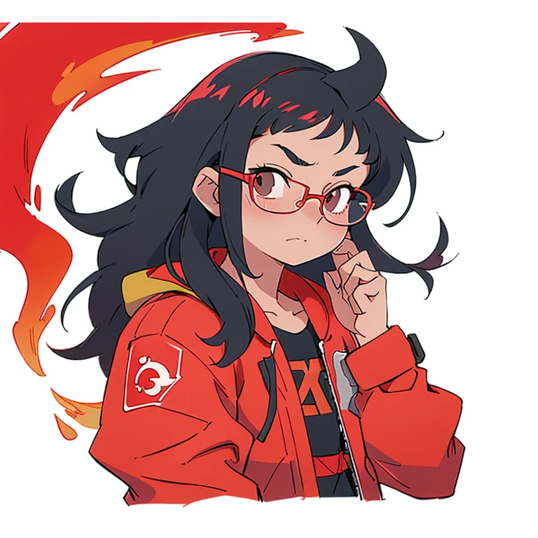 Brazilian, half Asian, half Brazilian, white skin, defined body, long, straight black hair, with bangs on the forehead, round glasses, wearing a red jacket, with a hammer and sickle symbol on the shoulder, slanted, straight eyes and loose hair, black - glasses frame, loose hair,