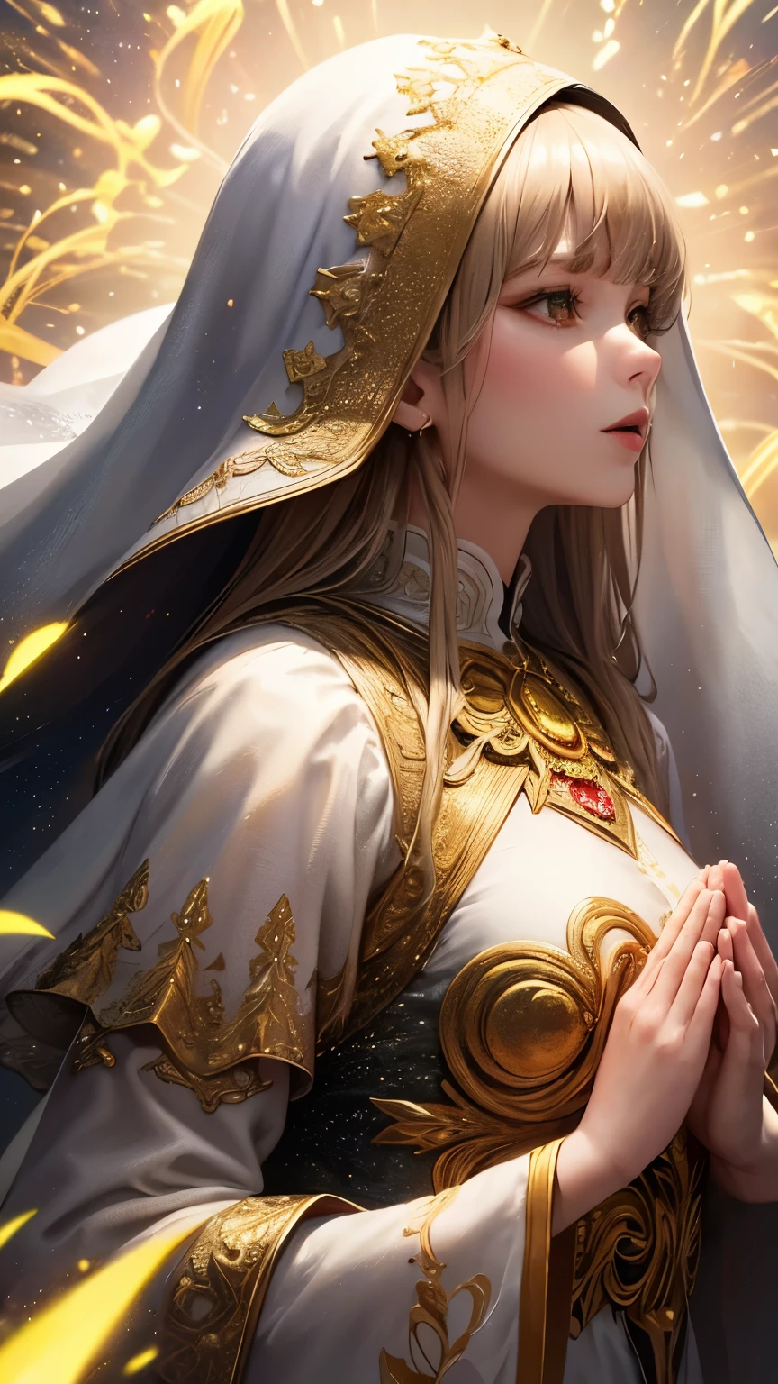 (masterpiece, top quality, best quality, official art, beautiful and aesthetic:1.2), (1girl), extreme detailed, (fractal art:1.3), colorful, highest detailed, perfect face, upper body, HDR, (praying:1.3), (white cloak golden lines:1.2), galaxy, (light streaks), striking visuals, (dynamic streaks, luminous trails:1.2), vibrant colors,