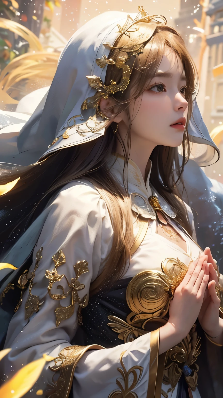 (masterpiece、top-quality、top-quality、Official Art、Beautifully Aesthetic:1.2)、(1girl in)、ighly detailed、(Fractal art:1.3)、colourfull、highestdetailed、face perfect、The upper part of the body、large boob、HDR、(doa:1.3)、(White cloak golden lines:1.2)、intergalactic、(light streaks)、striking visuals、(Dynamic streaks、Bright trajectory:1.2)、vivd colour、