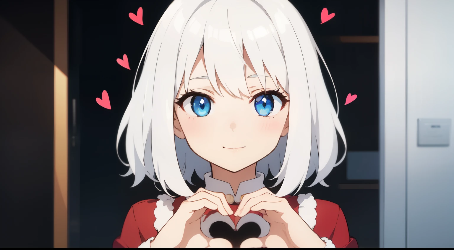A girl dressed in a Christmas costume, white hair, making a heart with her hands, cute and caring face, blue eyes, 2D anime