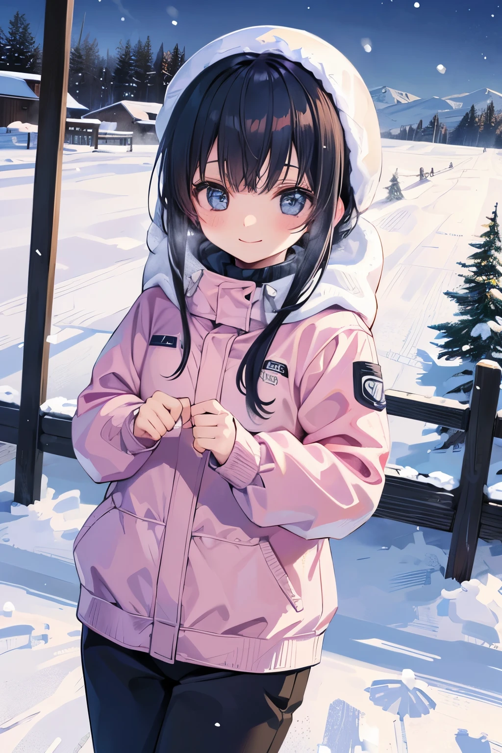 girl jumping into snow field、A smile、Warm clothing、Ski Wear、It's snowing、sleeping face down on the snow floor