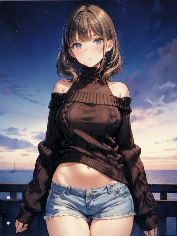 bottom boobs,(masterpiece), best quality, extremely detailed, (watercolor), bloom, delicate and beautiful, illustration, (from below),(1girl:1.4), (solo:1.2), large breasts, (ribbed sweater:1.3), off-shoulder sweater, (short shorts:1.2), bare shoulders, (underboob), ((dark skin:0.8)), beautiful eyes, (disheveled hair ), photography, over-the-shoulder shot, by Alex Maleev, professional, canon camera, nikon camera, sharp, bokeh, studio quality, fisheye lens, by Robert Capa ,