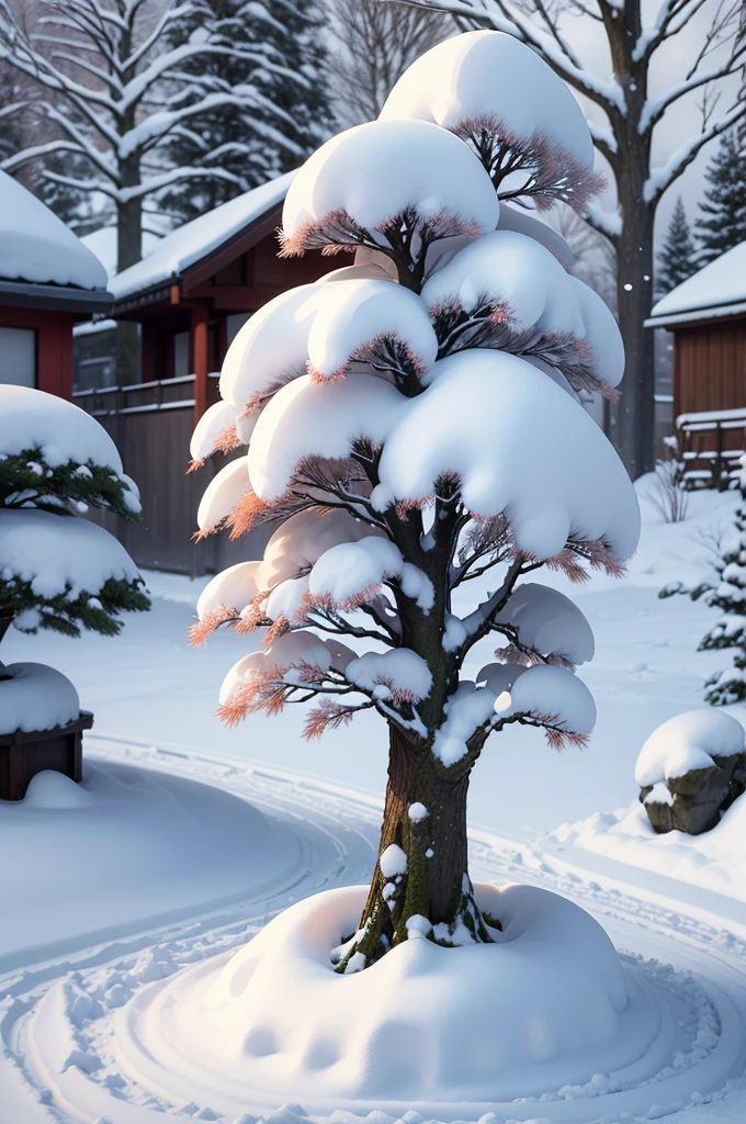 Japanese maple tree, snow, solo tree, realistic, 1tree, maple tree rope tree, detailed