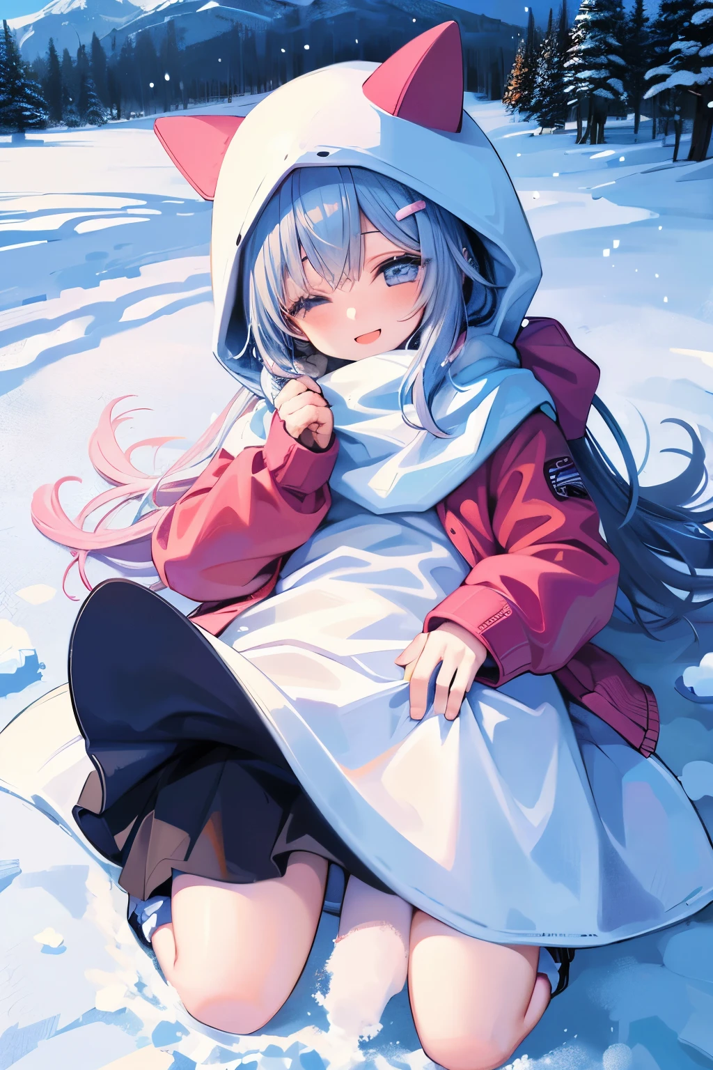 girl jumping into snow field、A smile、Warm clothing、Ski Wear、It's snowing、sleeping face down on the snow floor