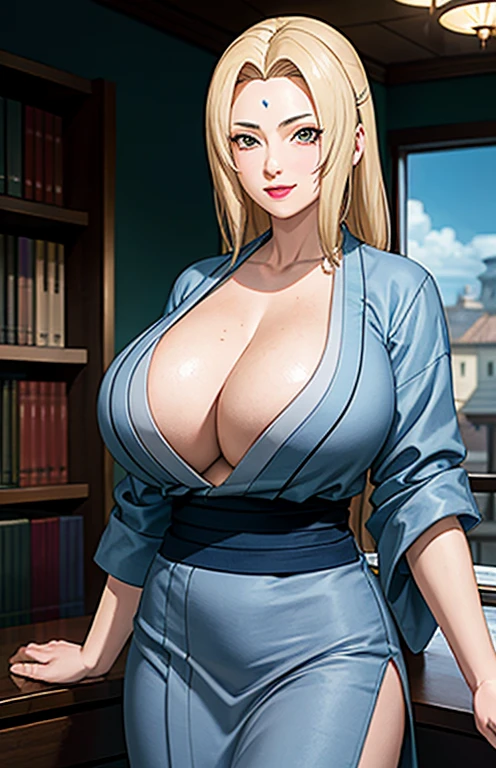 (huge tits), cleavage, good anatomy, masterpiece, best quality, 4k, 8k, professional photography, soft light, sharp focus, 1 girl,  blonde hair, kimono, (mountai), clouds, blonde hair, parted banks, detailed face+brown eyes, smile, closed lips, lipstick, bookshelves, windows,
