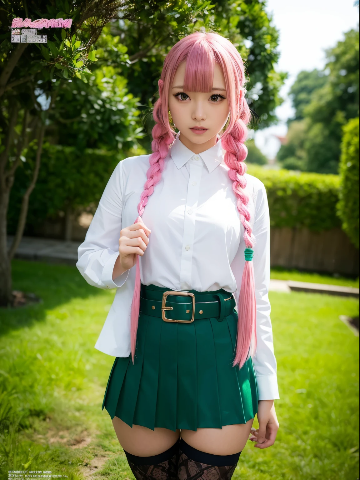 (green thighhighs:1.3),Kanroji Mitsuri,Mole under eye,Pink hair,Mole,Long hair,multicolored hair,braid,Gradient Hair,demon slayer uniform,Green hair,Green eyes,Bangs,Long sleeves,Shirt,twin braids,Two-tone hair,komono,white Shirt,haori,Jacket,black Jacket,Belt bag,collared Shirt,white Belt bag,Skirt,unbuttoned Shirt,black Skirt,open Shirt,katanas,pleated Skirt,miniSkirt,1girl in,Sexy Pose,Best Quality,masutepiece,Illustration,extremely delicate and beautiful,nffsw,Unity,8K Wallpaper,amazing,finely detail,masutepiece,Official art,Extremely detailed nffsw Unity 8K Wallpaper,unbelievable Ridiculous,huge filesize,Ultra-detailed,hight resolution,Extremely detailed,Beautiful detailed girl,Realistic,full frontal,Outdoors,Light contrast,