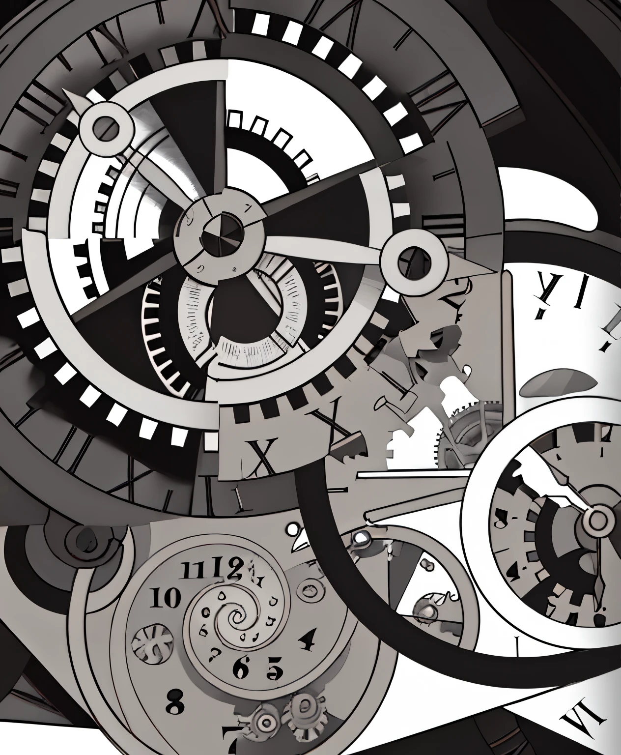 Black and white drawing of clock with roman numerals, The flow of time. complex shapes, black and white vector art, infinite space clock background, Clockwork machinery, detailed steampunk illustration, illustration black outlining, steampunk themed images, mechanical clock, steampunk background, line art behavior hd, caught in The flow of time, black and white line art