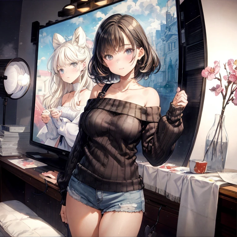 bottom boobs,(masterpiece), best quality, extremely detailed, (watercolor), bloom, delicate and beautiful, illustration, (from below),(1girl:1.4), (solo:1.2), large breasts, (ribbed sweater:1.3), off-shoulder sweater, (short shorts:1.2), bare shoulders, (underboob), ((dark skin:0.8)), beautiful eyes, (disheveled hair ), photography, over-the-shoulder shot, by Alex Maleev, professional, canon camera, nikon camera, sharp, bokeh, studio quality, fisheye lens, by Robert Capa ,