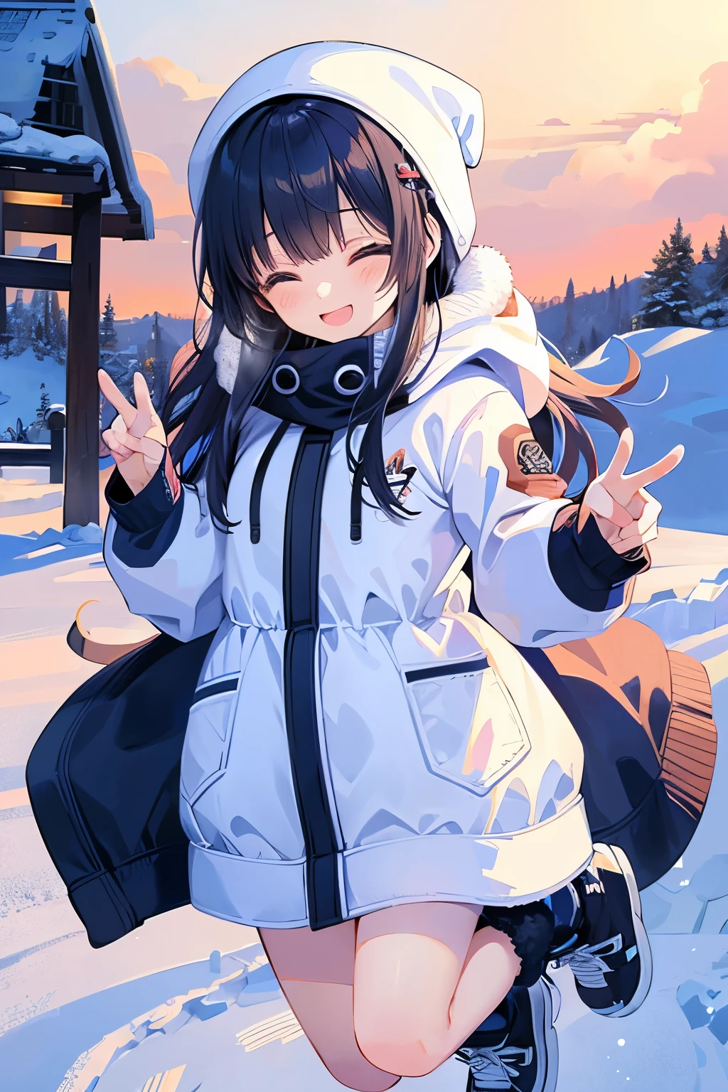 girl jumping into snow field、A smile、Warm clothing、Ski Wear、It's snowing、sleeping face down on the snow floor