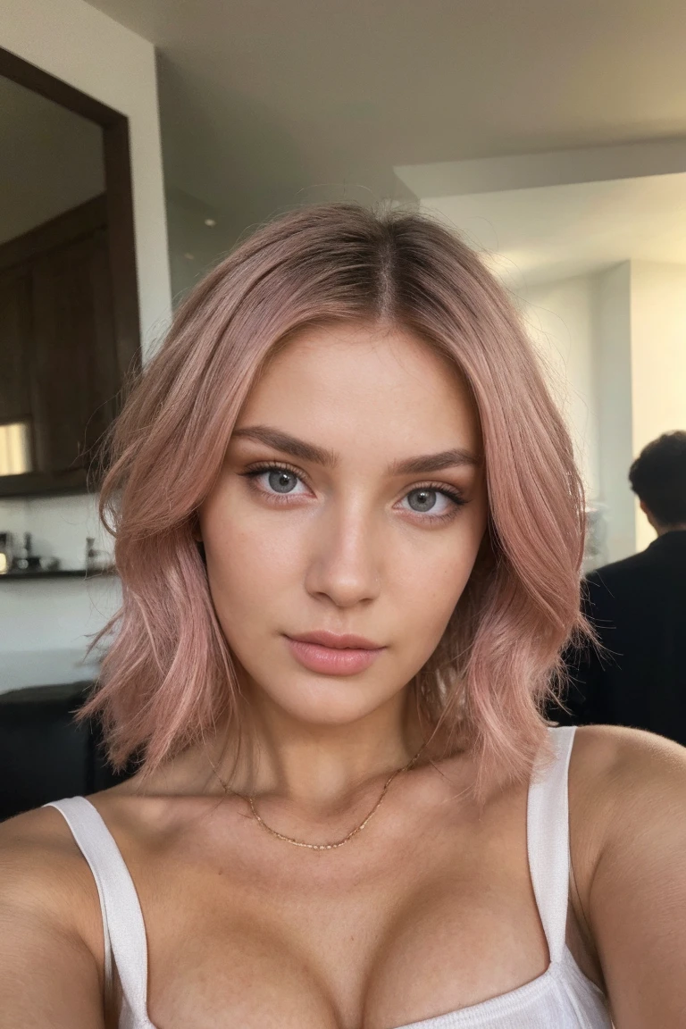 Instagram models posing in amsterdam, beautiful detailed eyes, beautifully detailed lips, extremely detailed eyes and face, short wavy pink hair ((best quality)), ((masterpiece)), (detailed), perfect face