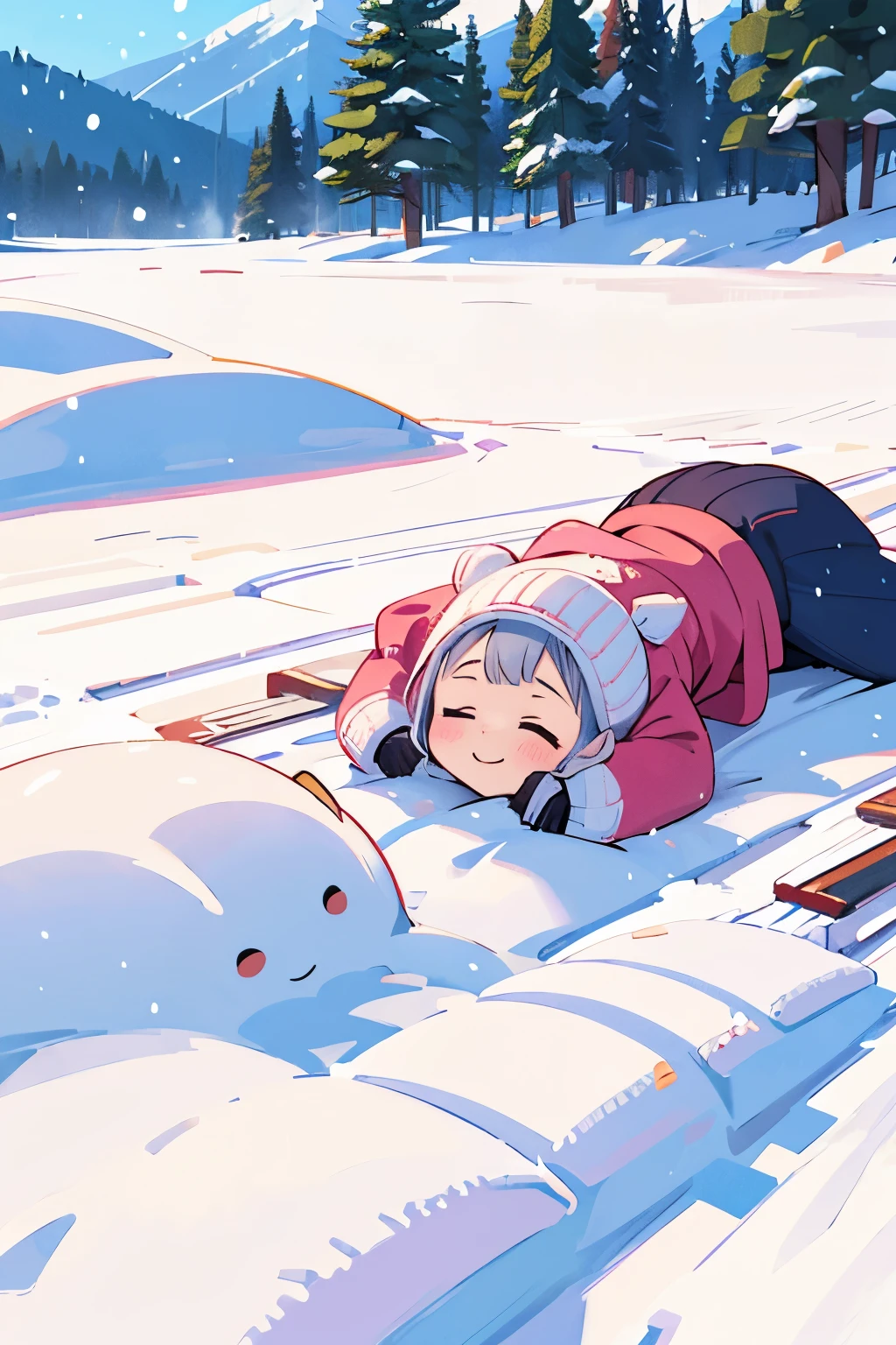 snow field、A smile、Warm clothing、Ski Wear、It's snowing、sleeping face down on the snow floor