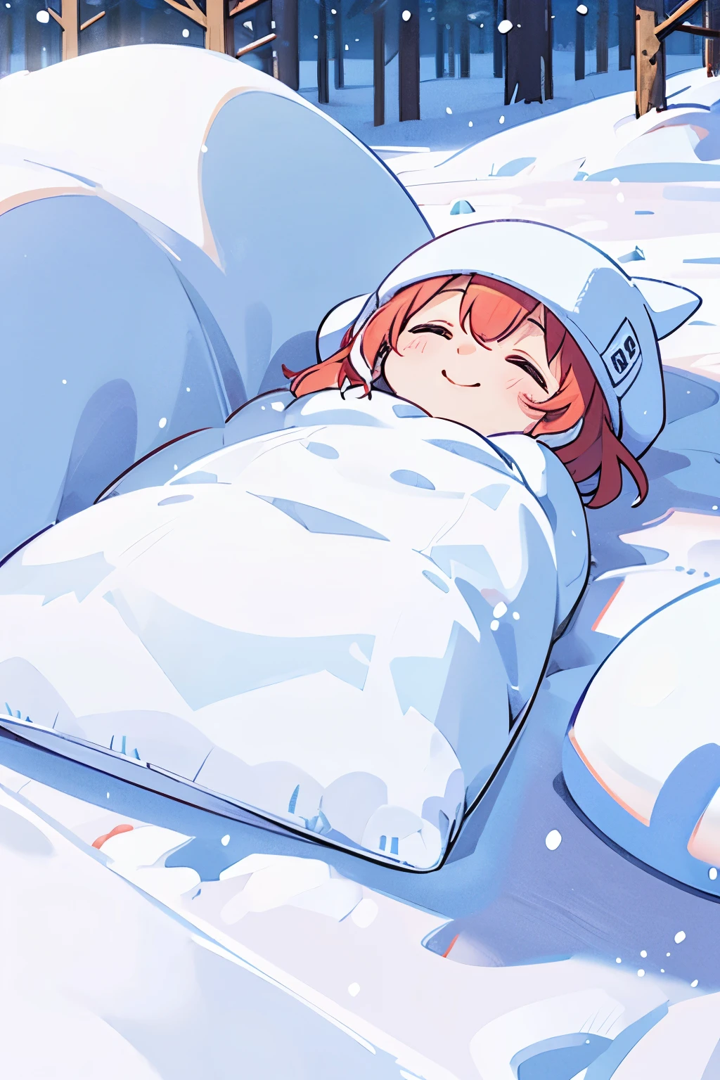 snow field、A smile、Warm clothing、Ski Wear、It's snowing、sleeping face down on the snow floor
