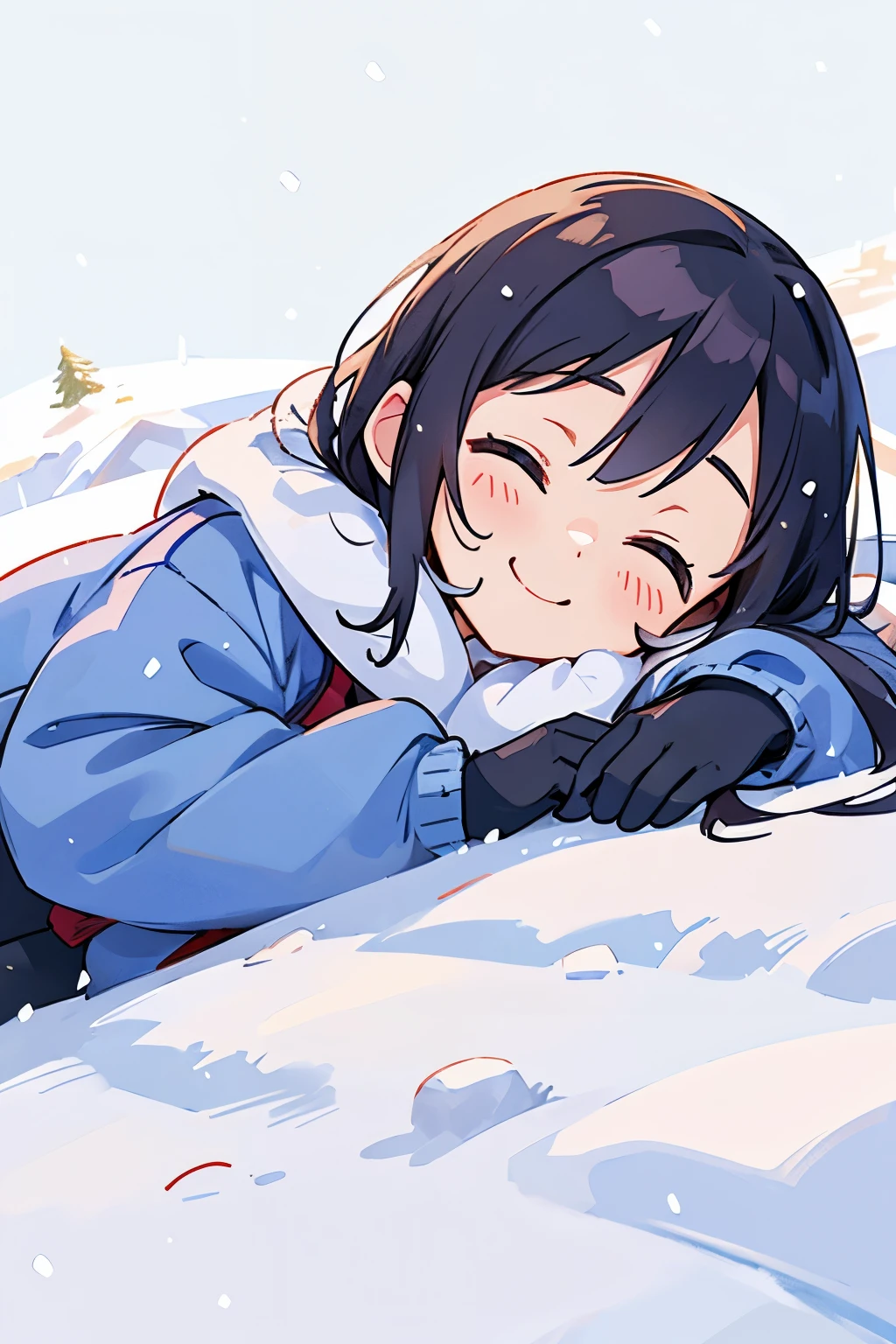 snow field、A smile、Warm clothing、Ski Wear、It's snowing、sleeping face down on the snow floor