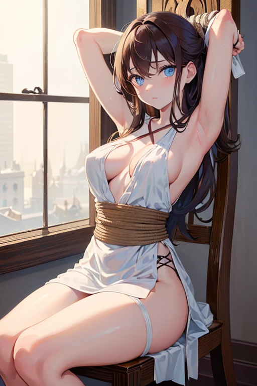 ((masterpiece)), ((best quality)), (ultra-detailed), NSFW, ,((torture chamber)),a cute girl, 1girl, solo, (white tanktop dress),(rope bound arms), ((tied to an torture chair)), BDSM,shibari,restrained,((thin waist)),(((only the waist is tied))),(((Torture that tightens the waist with a rope))),beautiful brown hair, beautiful blue eyes, (beautiful eyes), long hair,troubled expression