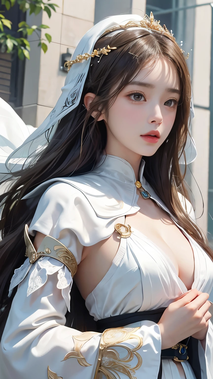 (masterpiece、top-quality、top-quality、Official art、Beautifully Aesthetic:1.2)、(1girl in)、ighly detailed、(Fractal Art:1.3)、colourfull、highestdetailed、face perfect、The upper part of the body、large boob、nffsw、(doa:1.3)、(White cloak golden lines:1.2)、intergalactic、(light streaks)、striking visuals、(Dynamic right-handed trajectory:1.2)、vivd colour、