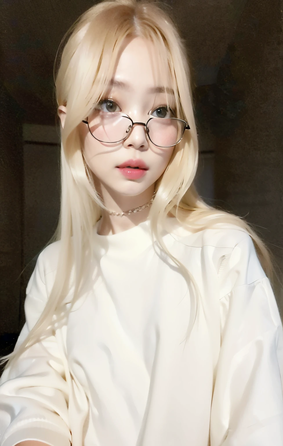Mujer rubia con gafas y camisa blanca sentada en una mesa., con pelo largo blanco, Su cabello es blanco, con el pelo largo y blanco, extremely pale blond hair, Hermosa Delphine, Chica perfecta de pelo blanco, cabello rubio muy, very pale, Chica con el pelo blanco, Peinado blanco de corte hime, cabello blanco intenso, pale white face, gafas blancas, flequillo blanco
