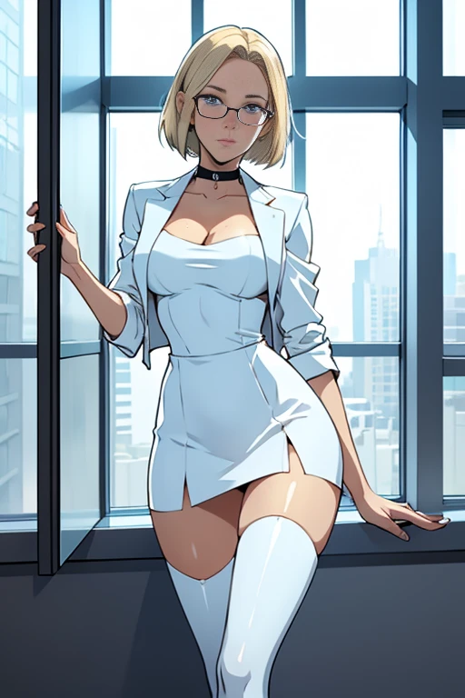 female, short straight blonde hair, blue eyes, white suit jacket, white skirt, long white high heel boots, black choker, no t shirt, medium boobs, glasses, blushing, in front of a window