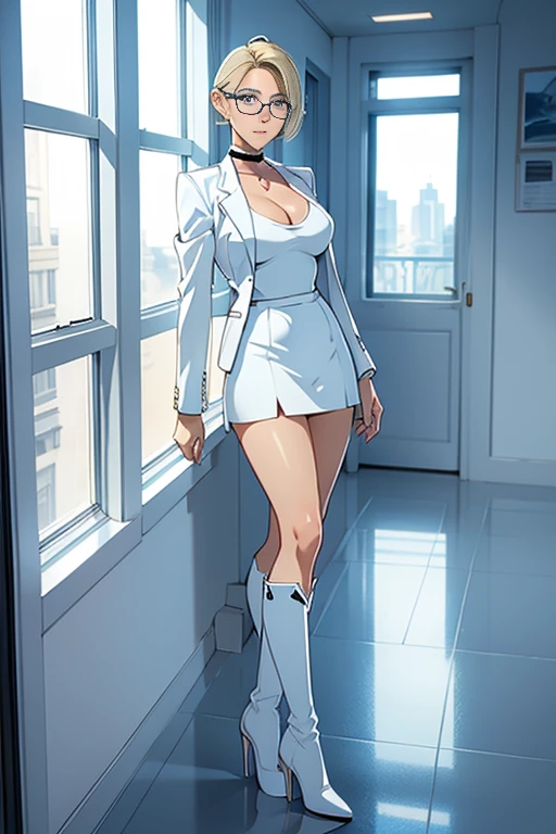 female, short straight blonde hair, blue eyes, white suit jacket, white skirt, long white high heel boots, black choker, no t shirt, medium boobs, glasses, blushing, in front of a window