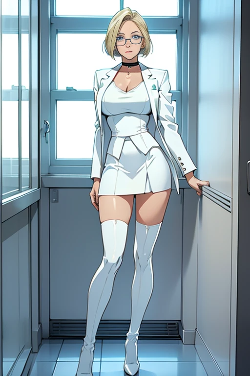 female, short straight blonde hair, blue eyes, white suit jacket, white skirt, long white high heel boots, black choker, no t shirt, medium boobs, glasses, blushing, in front of a window