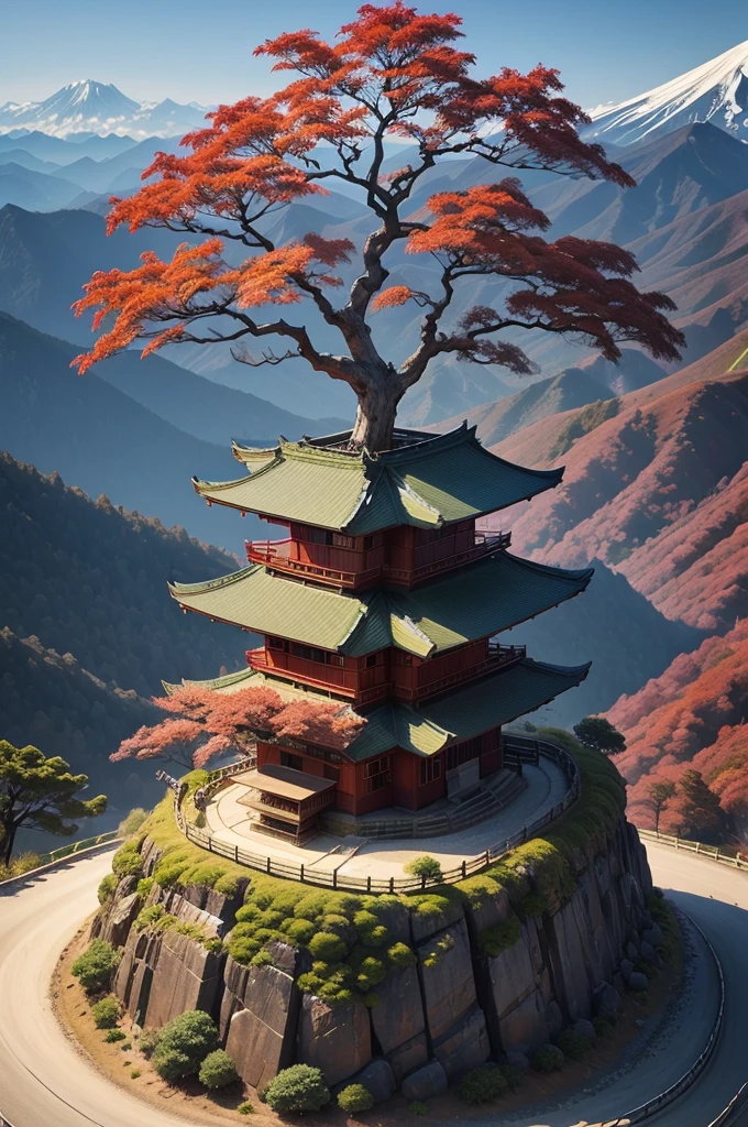 A Japanese maple tree in the peak of a mountain, realistic, a road connected to the tree,
