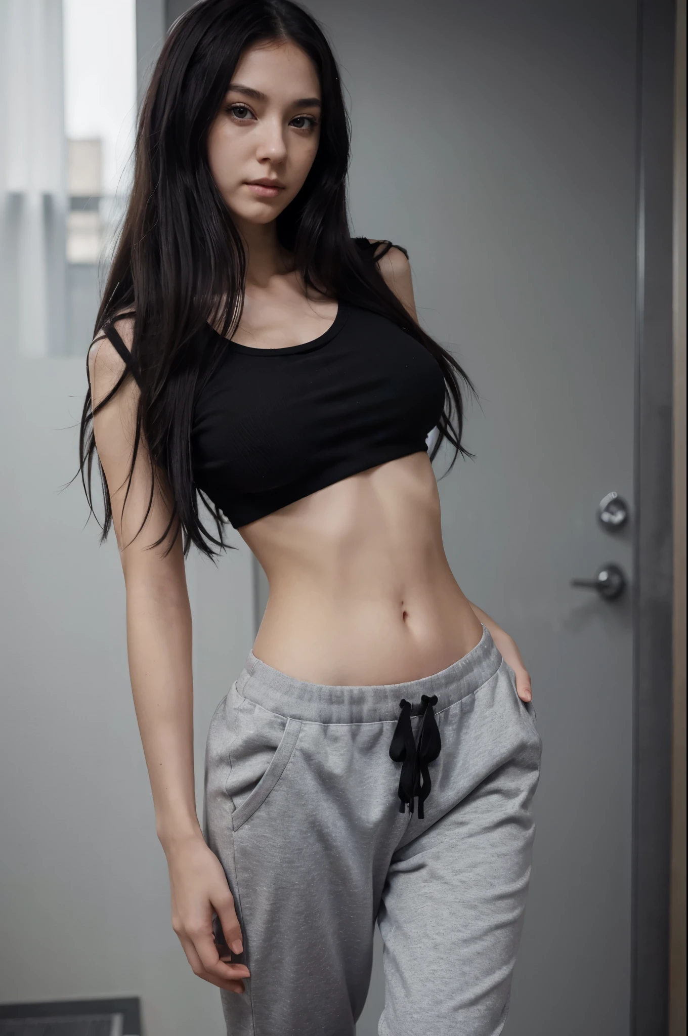 raw photo, intricate details, textured skin, dynamic pose, shot from below, 1girl, Korean, pale skin, long hair, blue eyes, freckles all over body, oversized hoodie, briefs, (wide thigh gap:1.2), gray gradient background, best quality, 16k, masterpiece