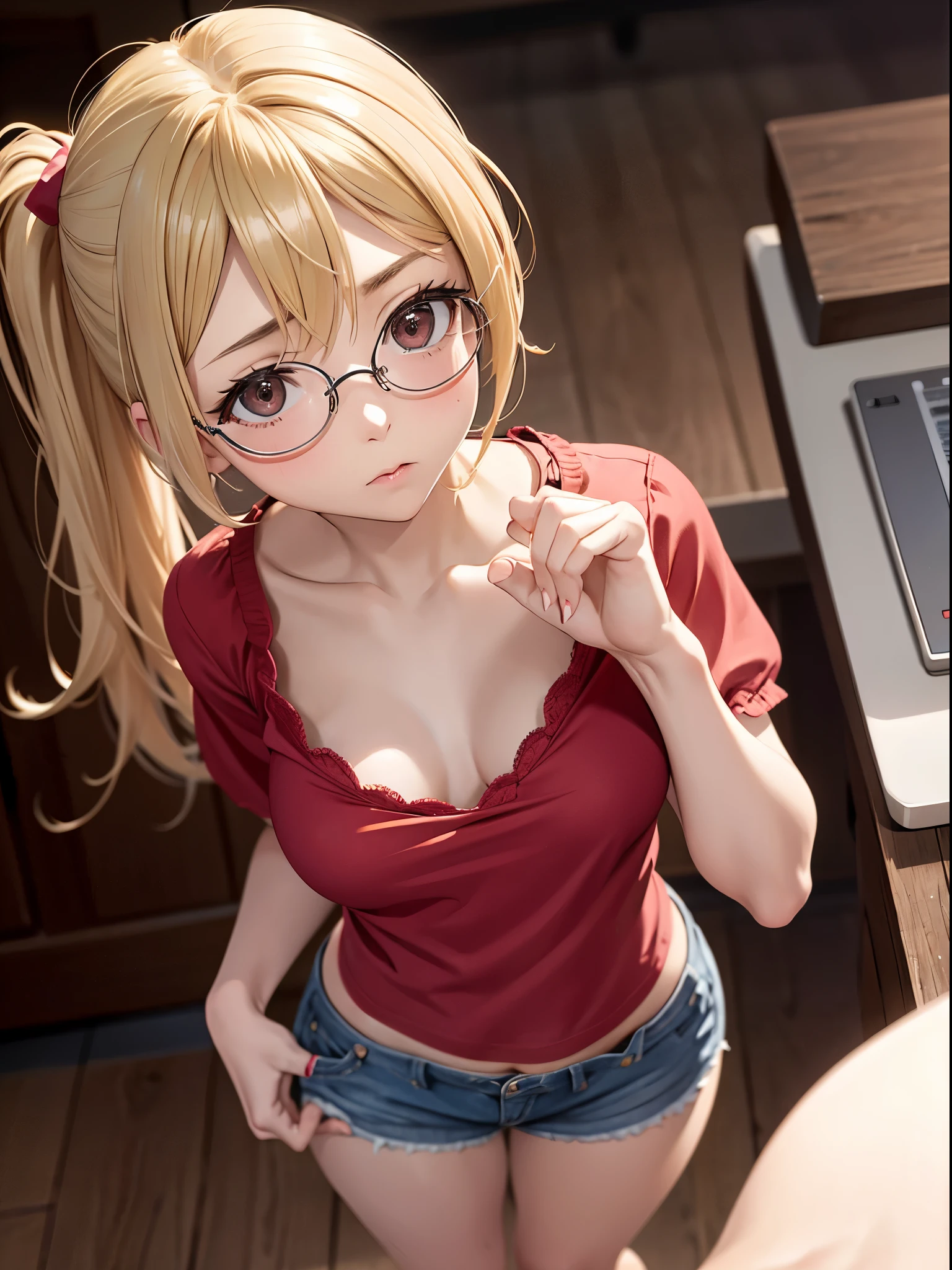in public, boring, bangs, body, 14 year old girl, blonde hair tied in a side ponytail, sensual cleavage, red blouse, round breasts, ass facing the viewer, back to the screen, micro shorts 1.4, Ultra HD, 4k image, glasses, character near the camera, tight shorts, V panties, sensual panties, low waist panties, short miniskirt 1.3, view from above, camera from above