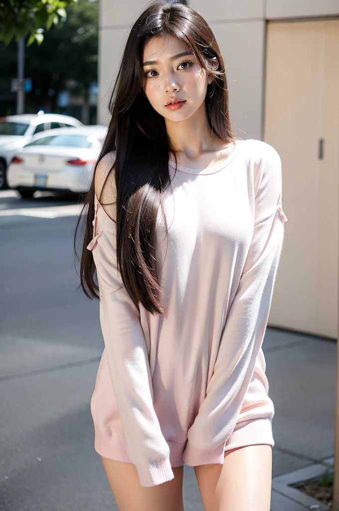 a high-resolution image of an attractive and cute young Asian woman in her early 20s. She has a friendly and approachable demeanor. Her facial features include almond-shaped eyes with dark brown irises, a small and slightly upturned nose, and soft, pink lips that curve into a gentle smile. Her skin is clear and fair, and she has a subtle, natural-looking makeup with a hint of blush and light mascara.
Her hair is long, straight, and black, falling gracefully over her shoulders. She wears a casual, stylish outfit that reflects a modern, youthful style, appropriate for a casual day out. She has a slender build and stands in a relaxed, confident pose. The background is a soft, out-of-focus urban setting that suggests a calm, everyday environment.
The overall impression should be welcoming and warm, capturing her personality and attractiveness in a realistic and culturally respectful manner. The image should be detailed and lifelike, with attention to the nuances of her expression and attire.