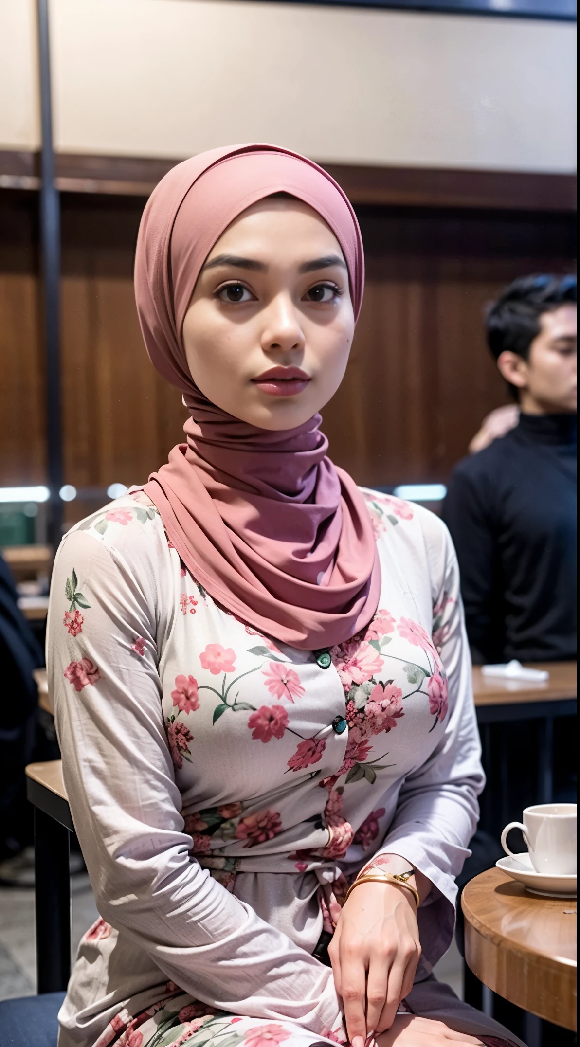 A photo of a young, nerdy malay woman in hijab sitting in a starbuck cafe with 1 malay men in office suit standing behind, woman wearing pastel floral pattern baju kurung, surrounded by a cozy atmosphere, cool ambient, looking at the viewer. (Detail skin:1.3), haired hand,
Hijab, slender, red lips, flirting with the camera, super 8mm film, Over-the-shoulder shot, vibrant color grading, light leaks, starbursts cinematic effect, epic fantasy,
