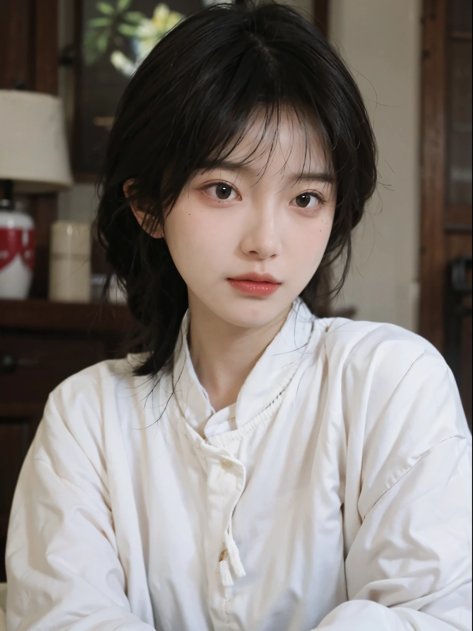 Best quality, 超高分辨率, (realistically:1.4),There is a woman wearing a sweater and a white shirt,rays of sunshine,年轻Cute Korean face, 有着Cute and delicate face蛋, a cute young woman, she has a cute face, Cute Korean face, pale milky white porcelain skin, Cute and delicate face, ulzzangs,, Baiji haircut hairstyle