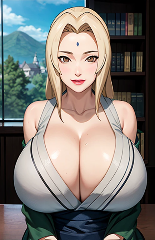 (huge tits), cleavage, good anatomy, masterpiece, best quality, 4k, 8k, professional photography, soft light, sharp focus, 1 girl, blonde hair, kimono, (mountai), clouds, blonde hair, parted banks, detailed face+brown eyes, smile, closed lips, lipstick, bookshelves, windows,