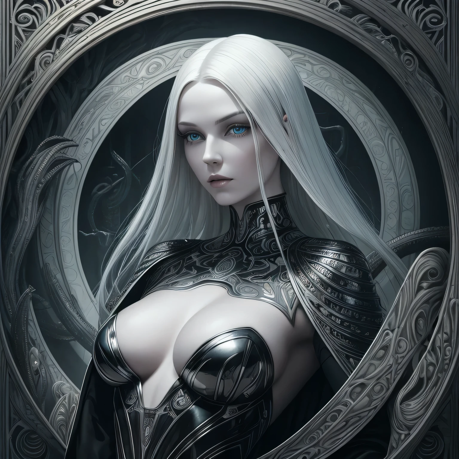 __hr_giger_art___flowing_contouriomechaical__airbrush___strange__eerie__fashion_magazine_cover__art_deco_border___porcelain_and_platinum / A futuristic looking woman with porcelain skin