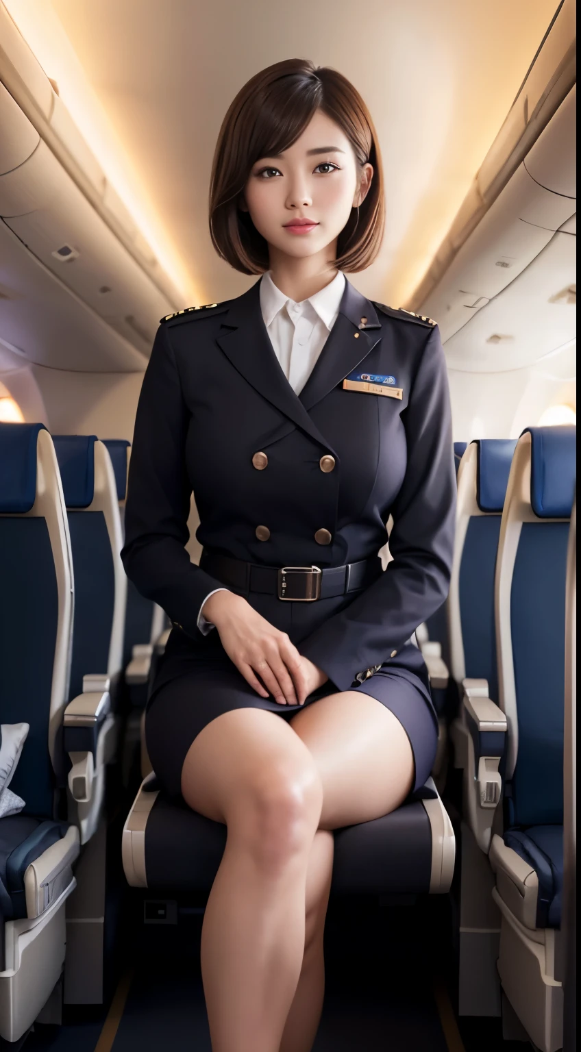 1woman, 20yr old、hyperdetailed face、Detailed lips、A detailed eye、二重まぶた、(Brown bob hair、Like an airplane stewardess々Do a good job)、(Stewardess uniform:1.2)、(Glamorous body)、(Colossal tits)、smil、thighs thighs thighs thighs, Perfect fit, Perfect image realism, Background with: (Business Class aisle on airplanes:1.2), Cowboy Shot, Meticulous background with, detailed costume, Perfect litthing、Hyper-Realism、(Photorealsitic:1.4)、8K maximum resolution, (​masterpiece), ighly detailed, Professional