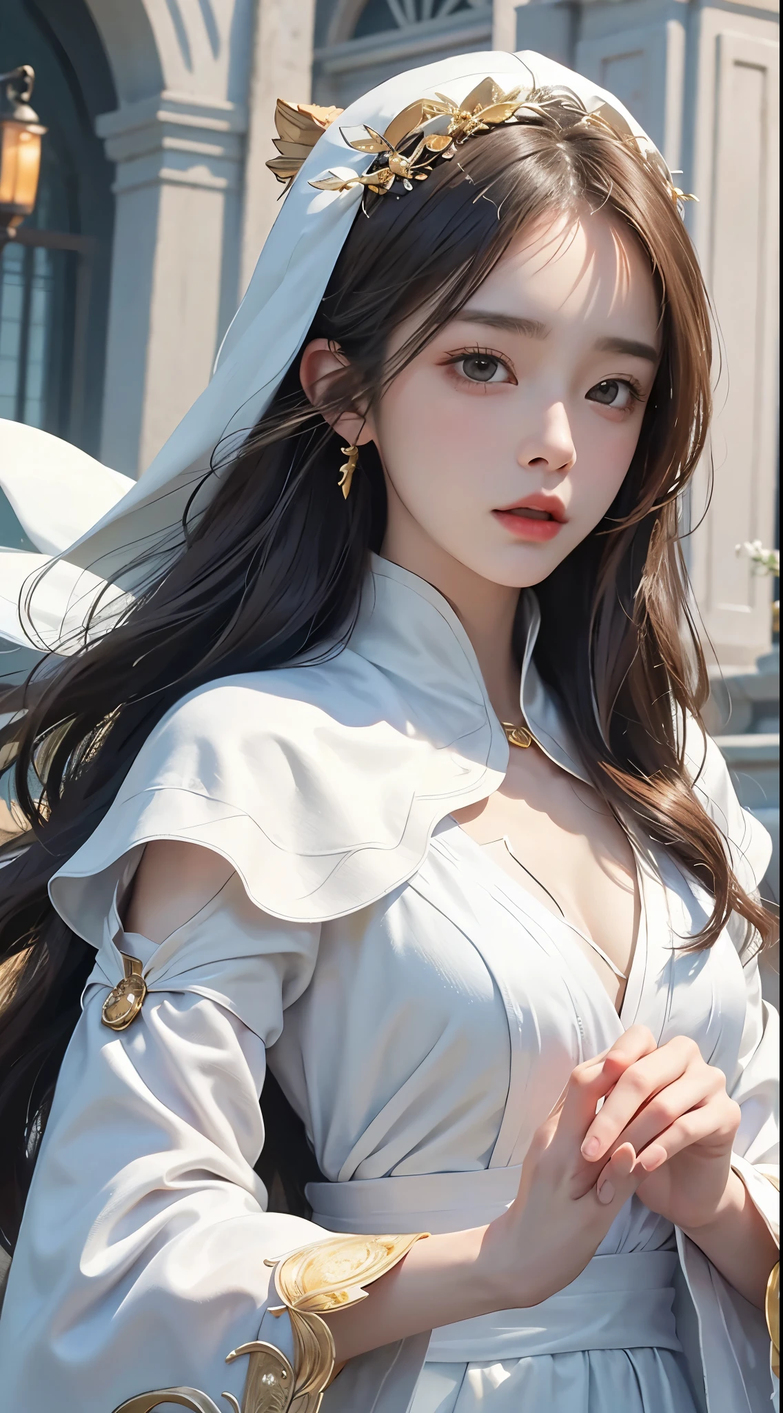 (​masterpiece、top-quality、top-quality、Official art、Beautifully Aesthetic:1.2)、(1girl in)、ighly detailed、(Fractal Art:1.3)、colourfull、highestdetailed、face perfect、The upper part of the body、large boob、nffsw、(doa:1.3)、(White cloak golden lines:1.2)、intergalactic、(light streaks)、striking visuals、(Dynamic right-handed trajectory:1.2)、vivd colour、