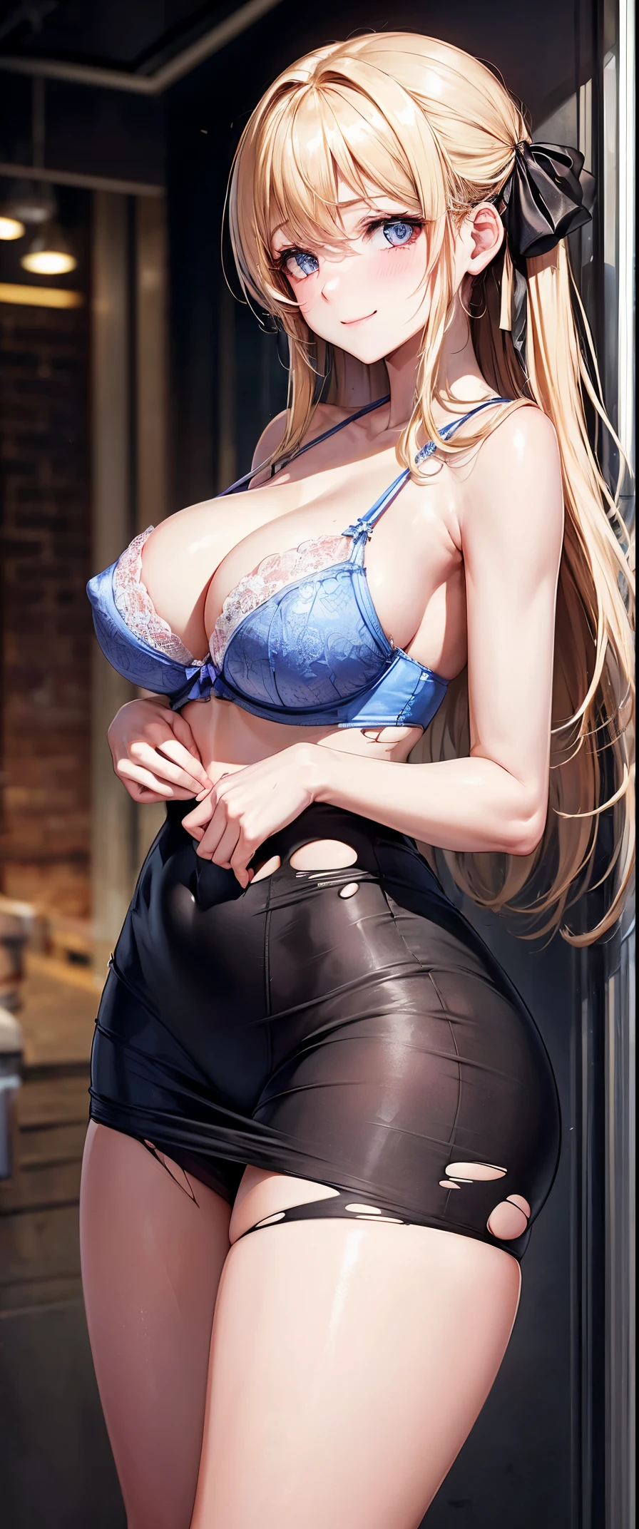 (((Uniform torn and skin exposed)))、Nipples protruding from the bra、((((feel shy))))、a blond、beautiful Girl、Large beautiful breasts、cleavage of the breast、A slender、オマンコ、((痴女))、((sexually seducing))、((Inside the bustling city))、((smil))