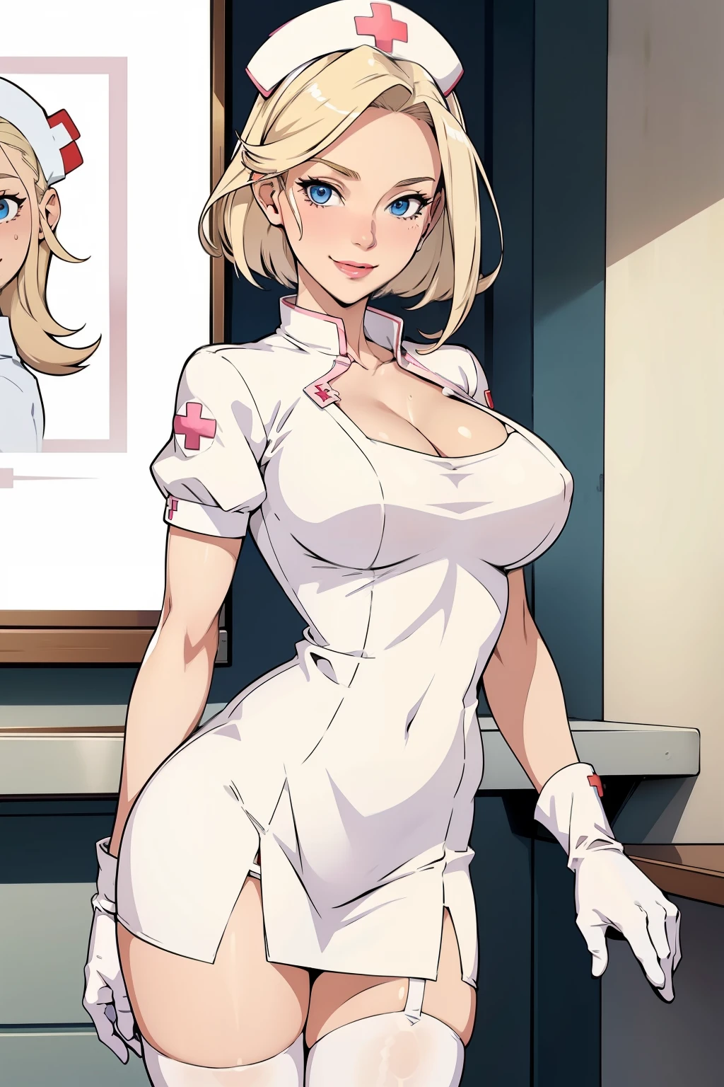 1woman, Nurse, nurse uniform, Nurse Cap, Whiteware, ((White legwear, zettai ryouiki)), White Gloves, Blonde hair, Blue eyes, pink lipsticks, Smile, Standing, sharp outline, Short sleeves, a mature female, 35 year old, Best Quality, masterpiece, infirmary, As chest shows, chest escaping, rain on face, sensuous pose, tit visible