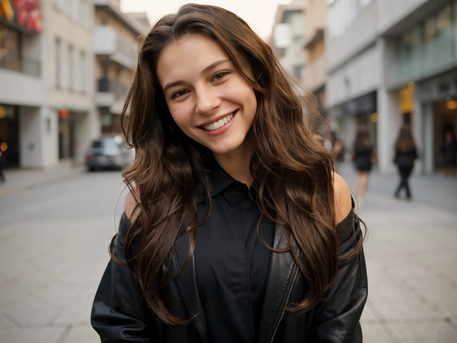 Smiling woman with long hair in a black jacket and black shirt, smiling young woman, Smiling woman, Attractive brown haired woman, Girl with brown hair, beautiful and smiling, Attractive girl, wavy shoulder-length hair, Smiling girl, Happy girl, Attractive woman, Comb wavy hair to one side, smiling fashion model, The wind blows the hair, and she smiling,Gladly,The background is blue sky,dressed in leather jacket