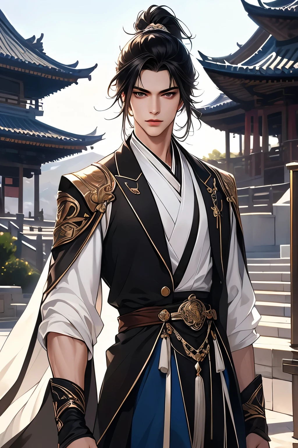 (Best quality at best,A high resolution,The image is clear，Garden scene，:1.2),a handsome，the only person，Ultra detailed backgrounds,Beautiful teenager standing holding sword，Chinese style clothes，high ponytails，natta，blue colored eyes，Garden scene,under moonlight,starrysky，Asian architecture，Romantic atmosphere,，Dutch Angle Shot,gentlesoftlighting,portrait of upper body，Eye focus，a sharp gaze，