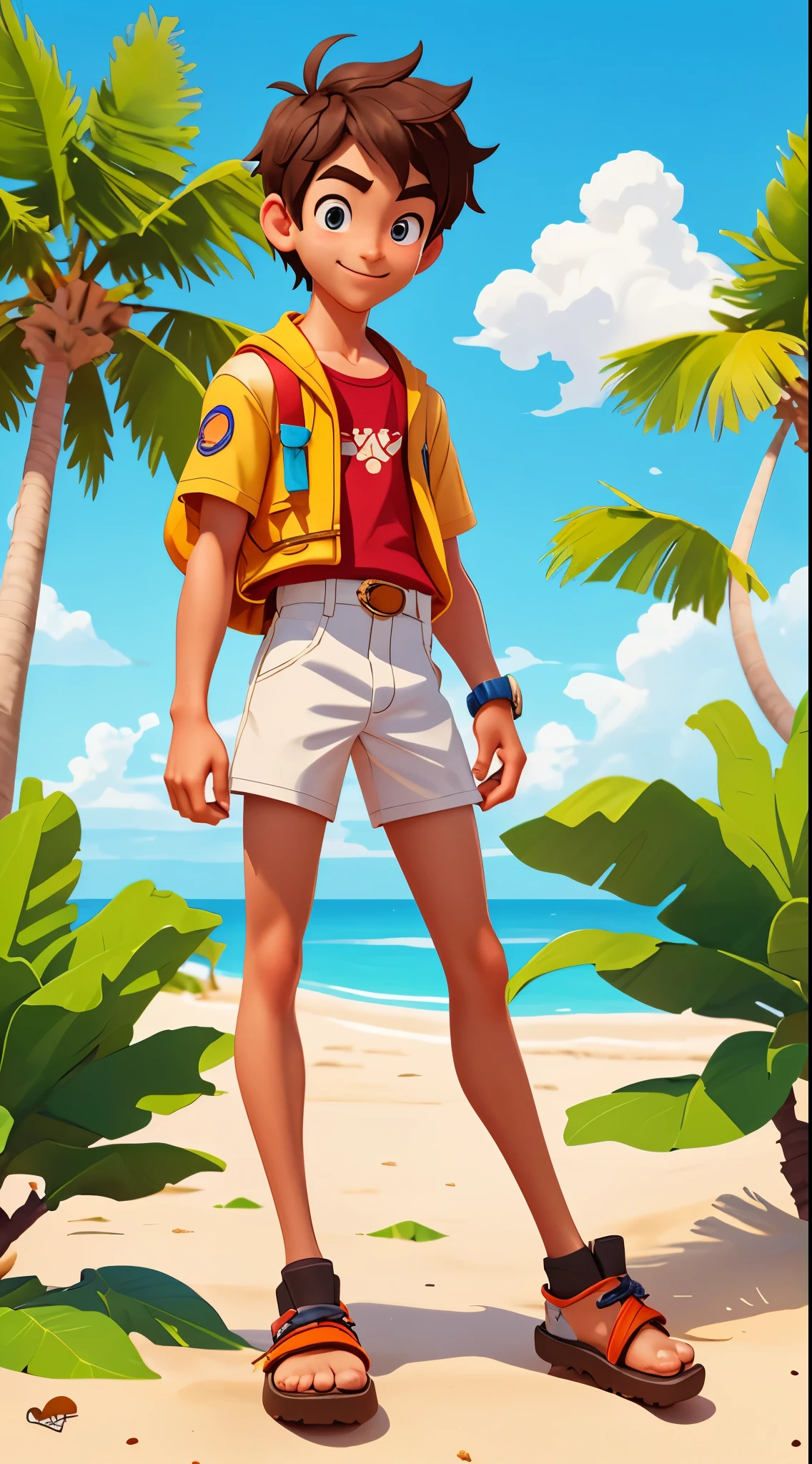 george, 1男性，Disney art style，Teenage uncensored，confront, looking at viewert,Cheerful personality，Adventure clothing，coconut palms,desert island，sandbeach