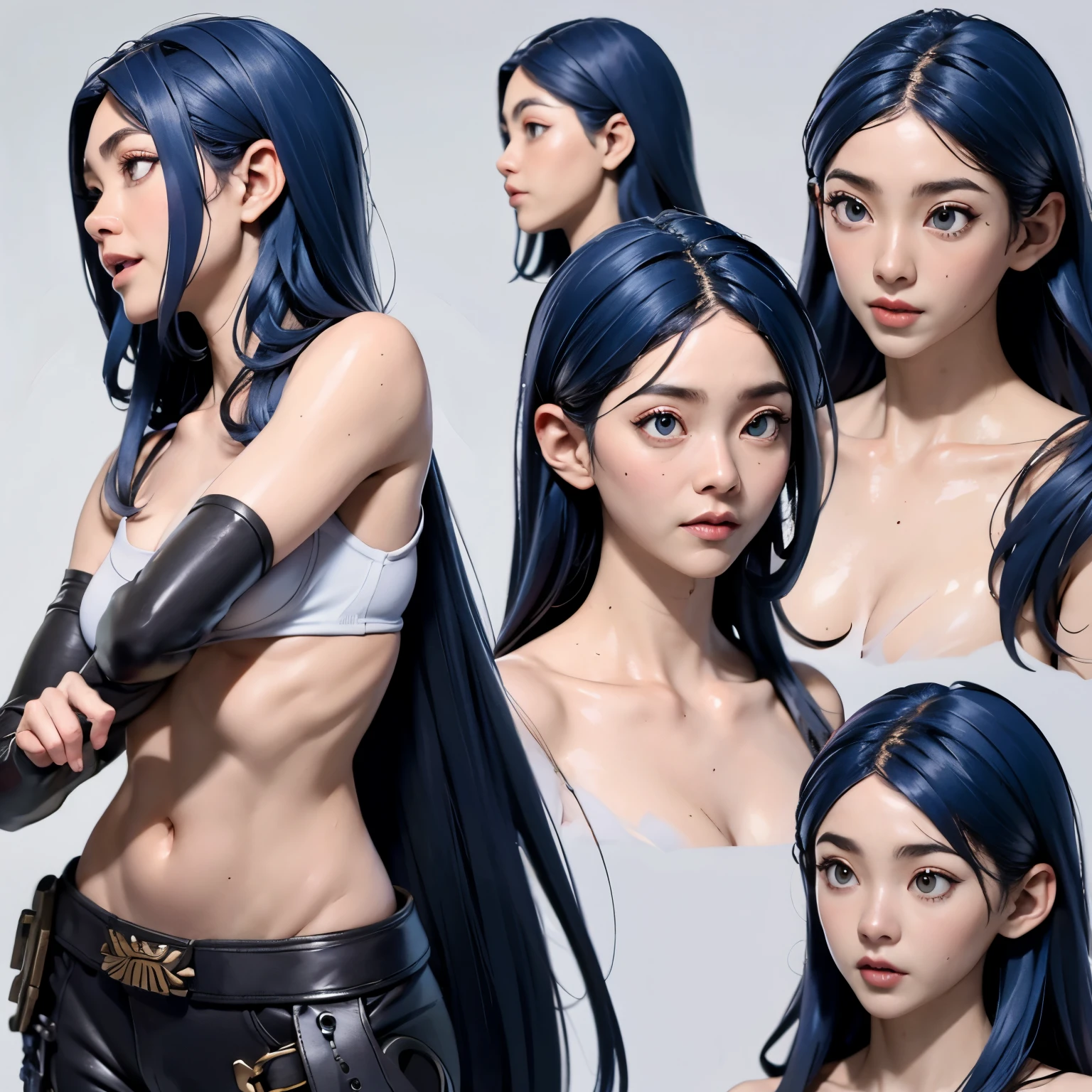 Full body, screaming, fighting pose, muscular female, Dinamic pose, Character sheet, pale skin, small breasts uncover (muscular)) hair band, curly hair, very long hair, sideless clothes, tiger gloves, belly uncover, uncover top, scars on face, cleavage breast, abdominals, look at, blue hair , multiple angles, extreme perspective, multiples views, lewd.