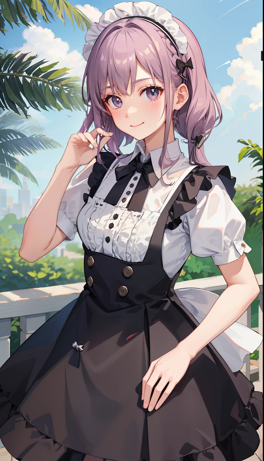 1girl in、A smile、The shirt、skirt by the、pinafore、hair adornments、Maid costume、（small tits）Chilarism、summer clothing、校服、Upper body portrait、