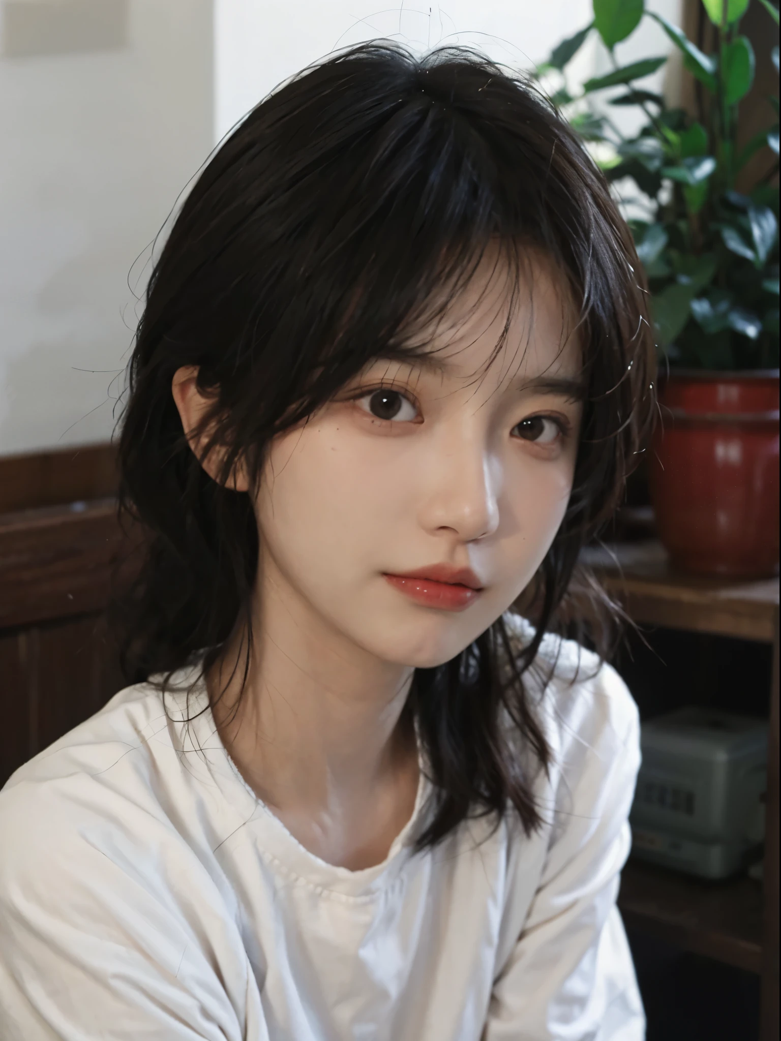 Best quality, 超高分辨率, (realistically:1.4),There is a woman wearing a sweater and a white shirt,rays of sunshine,年轻Cute Korean face, 有着Cute and delicate face蛋, a cute young woman, she has a cute face, Cute Korean face, pale milky white porcelain skin, Cute and delicate face, ulzzangs,, Baiji haircut hairstyle