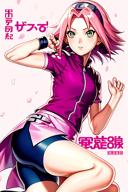 (Cover-style: 1.3),Sakura Haruno, naruto shippuuden, Cherry blossoms, Detailed background,1girll, Pink hair, Green eyes, Short hair, Long hair, Forehead protector, Short sleeves, bike shorts, konohagakure symbol