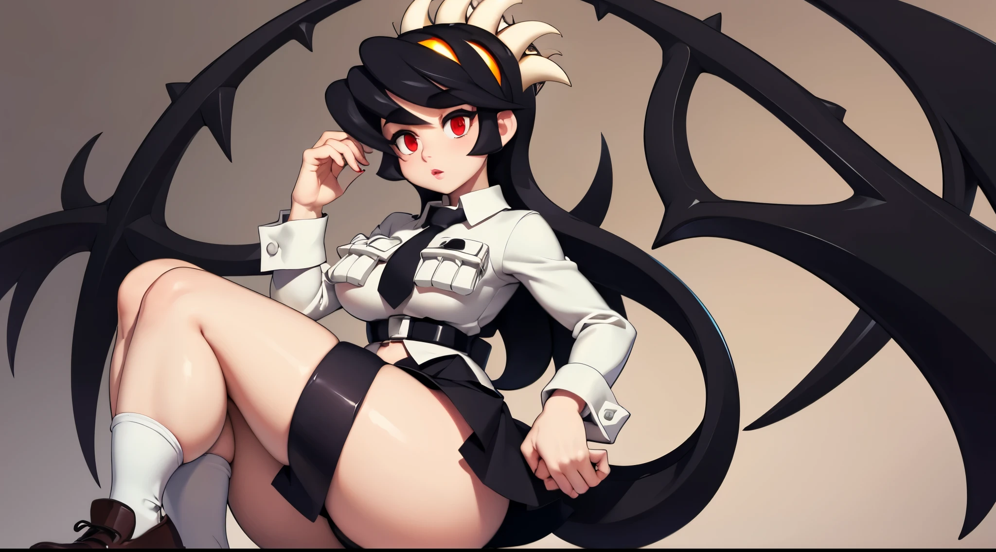 Filia, black hair, detailed eyes, black pupils, white shirt, black tiny tie, black skirt, black socks, brown shoes, white panties, huge boobs, tiny waist, large ass, large thighs, big cheeks,