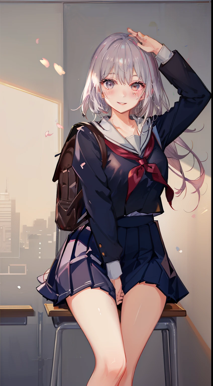 1 girl, split lips, blush, makeup, Light smile, School uniform, classroom, school backpack, rays of light, shine, Thighs, collarbone, narrow waist, (master piece), wallpaper,