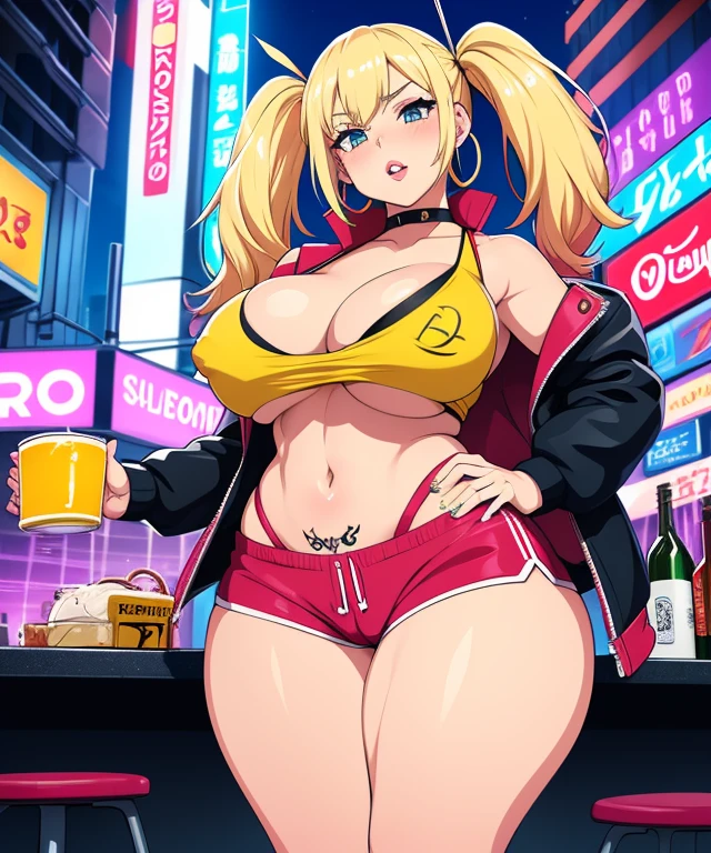 1girl,  (((bimbo))),hoop earrings, puffy lips, painted lips, thick lips. 
blonde hair, short twintails, wide hips, thick thighs, perky breasts, bursting breasts, Nightlife, Night city, Cyberpunk city, futuristic cityscape. Neon lights, (skyscraper:1.1), Tokyo tower, palm tree, cloth sign, ramen stall, night club. bright city lights, exotic car. alcohol, bar, ramen, soup stall ,alcohol bottles, stomach blush, nipple slip, rounded stomach, pubic tattoo, word underbelly tattoo, cameltoe, gym shorts, sexy dolphin shorts, low hanging shorts, slutty yellow open jacket, white liquid running down between thighs