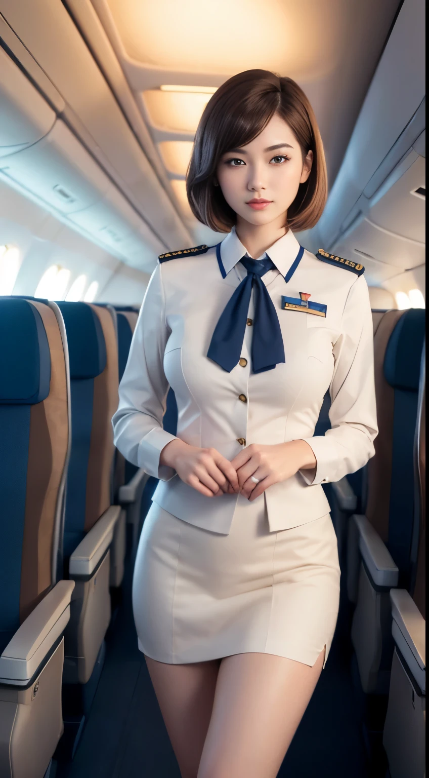 1woman, 20yr old、hyperdetailed face、Detailed lips、A detailed eye、二重まぶた、(Brown bob hair、Like an airplane stewardess々Do a good job)、(Stewardess uniform:1.2)、(Glamorous body)、(Colossal tits)、smil、thighs thighs thighs thighs, Perfect fit, Perfect image realism, Background with: (Business Class aisle on airplanes:1.2), Cowboy Shot, Meticulous background with, detailed costume, Perfect litthing、Hyper-Realism、(Photorealsitic:1.4)、8K maximum resolution, (​masterpiece), ighly detailed, Professional